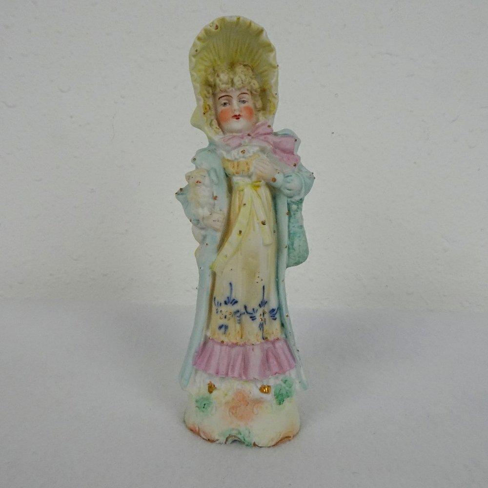 Antique Bisque Porcelain Figure Lady with Hat Holding Dog